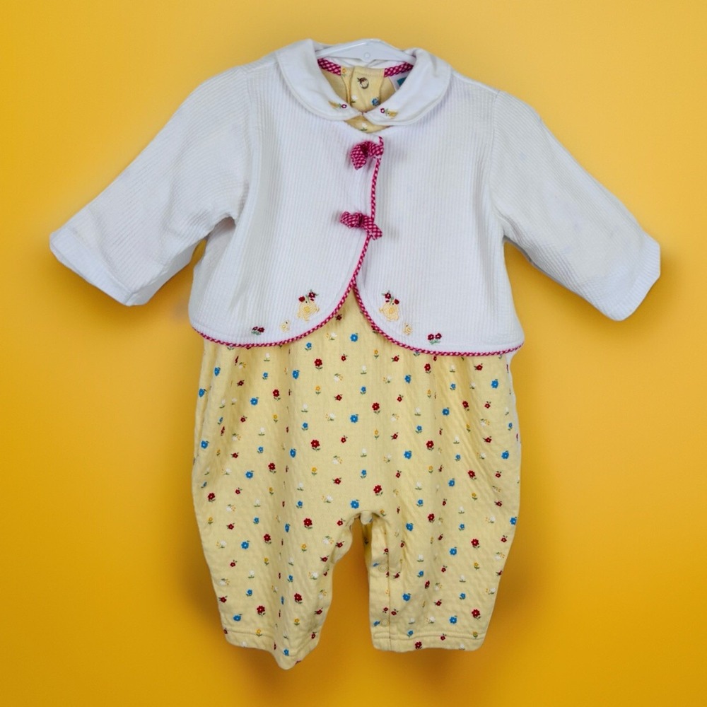 Vtg Little Me Baby Yellow Floral Romper 2pc Size 9M Embroidered Chicks Peter Pan